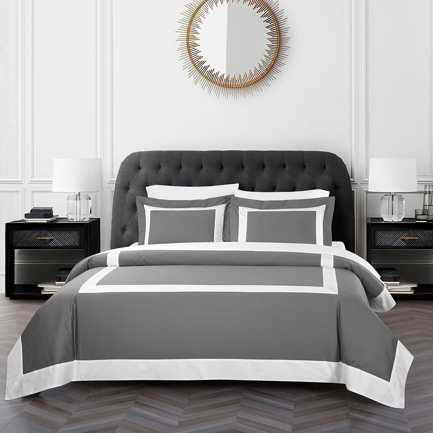 Casabolaj Bicolore Collection 3 Pieces Duvet Cover Set 100% Egyptian Cotton Sateen 400 Thread Count Bedding Sets Queen King-Frame Patchwork Manufacturing-Grey/White Color (California King)