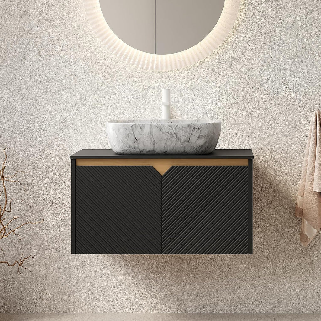 30 Inch Bathroom Vanity with Sink, Floating Fluted Vanity with Vessel Sink, Modern Bathroom Vanity Cabinet with 2 Doors, Marble Pattern Ceramic Sink & Sintered Stone Top, Black