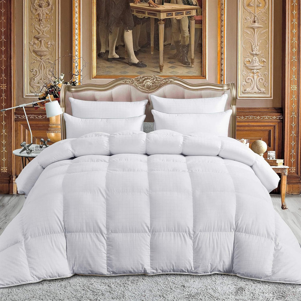 Luxurious Full/Queen Size Goose Down Comforter Duvet Insert, Exquisite Dobby Checkered Design, 1200 Thread Count 100% Egyptian Cotton, Hypoallergenic, 55 oz Fill Weight, Premium Baffle Box, White