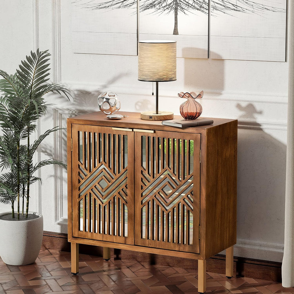 COZAYH 2 Door Accent Cabinet, Wood Sideboard Storage Furniture with Modern Geometric Mirror Front, Freestanding Home and Kitchen Cabinet, Brown/Silver