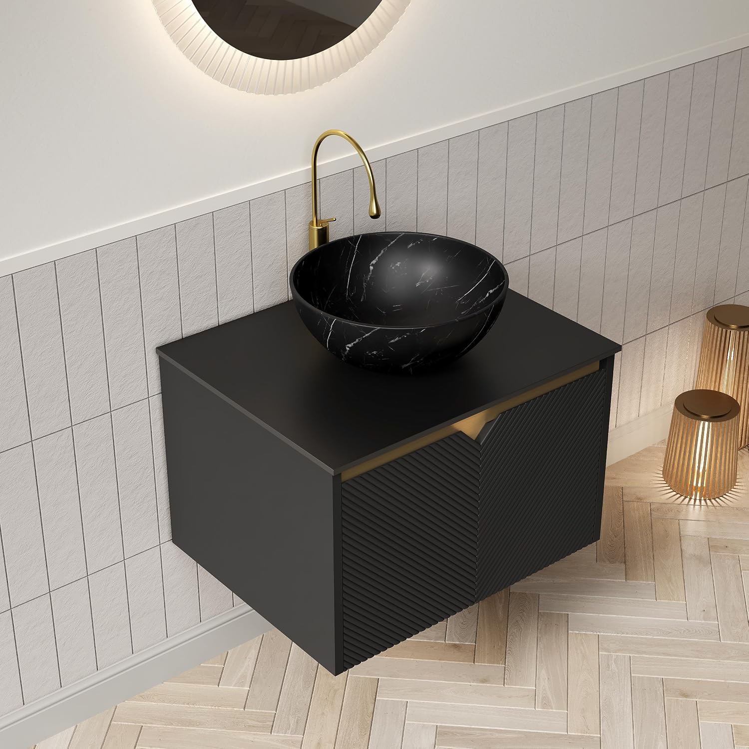 24 Inch Bathroom Vanity with Sink, Small Floating Fluted Vanity with Vessel Sink, Modern Wall Mounted Bathroom Vanity Cabinet with 2 Doors, Bowl Ceramic Sink & Sintered Stone Top, Black