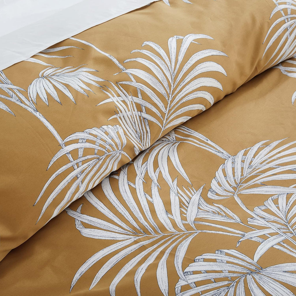 Eikei Midnight Blue Botanical Print Duvet Quilt Cover Egyptian Cotton Bedding Set Modern Luxury Minimal Palm Leaf Dark Charcoal Navy Ocher Floral Watercolor Design (Mustard Yellow, King)