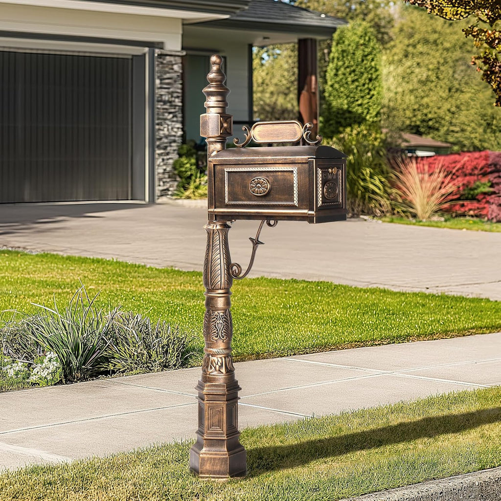Large Metal Mailbox with Post for Outside Combo, Side Mount with Stand Outgoing Signal Flag & Address Plaque Heavy Duty Cast Aluminum Antique Bronze Vintange Mail Box Sturdy Base 22.4' x 9' x 62.6'H