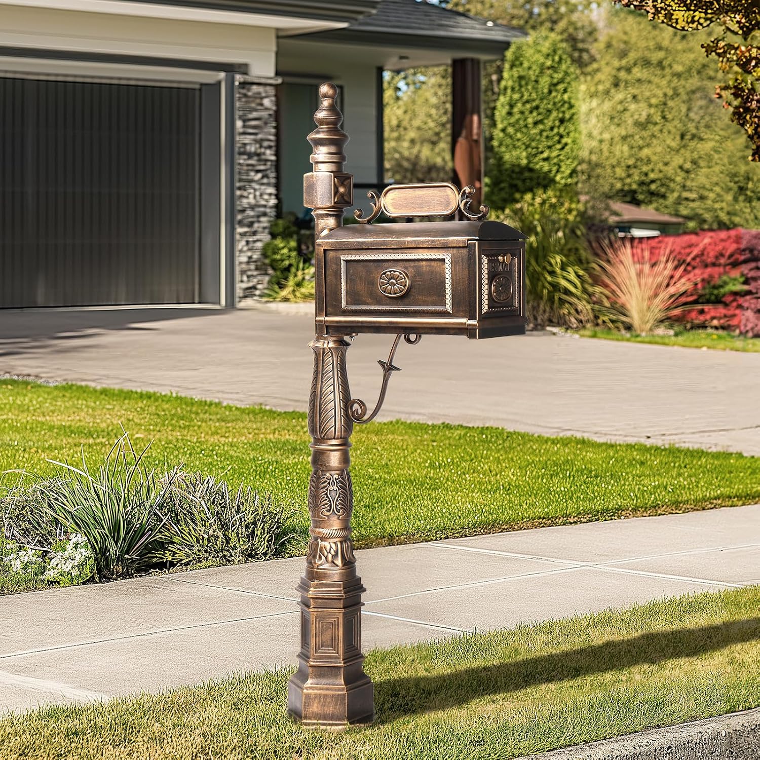 Large Metal Mailbox with Post for Outside Combo, Side Mount with Stand Outgoing Signal Flag & Address Plaque Heavy Duty Cast Aluminum Antique Bronze Vintange Mail Box Sturdy Base 22.4' x 9' x 62.6'H