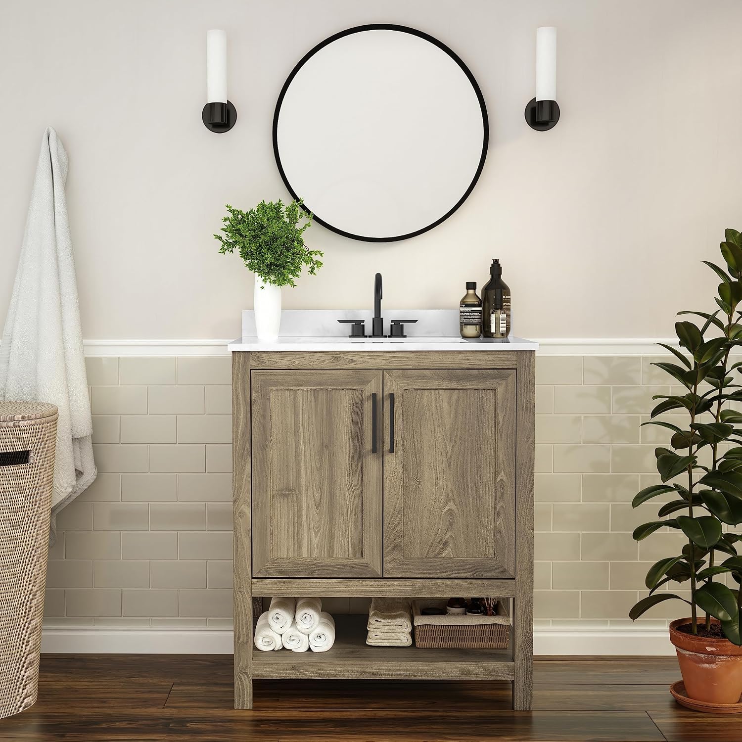 Flash Furniture Vega 30 Inch Bathroom Vanity with Sink Combo, Storage Cabinet with Soft Close Doors and Open Shelf, Carrara Marble Finish Countertop, Brown/White