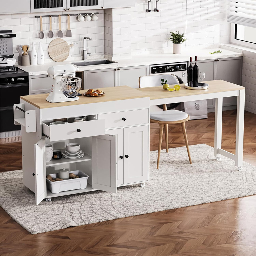 RUNNA 74.5 inch Kitchen Island with Extendable Dining Table,Rolling Island on Wheels with Spice Rack and 2 Drawers,Kitchen Storage Cart with 4 Door Cabinet (Off White#009)