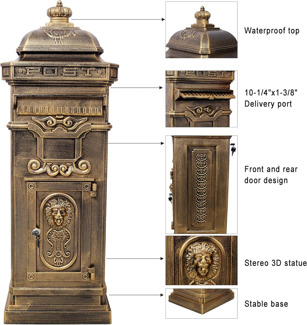 Copper Mailbox, Large Lockable Package Drop Box with Roman Statue, Rustproof Cast Aluminum Mail Boxes for Outside, Vintage Post-Mount Design, Weatherproof & Elegant Garden Letter Box (Copper)