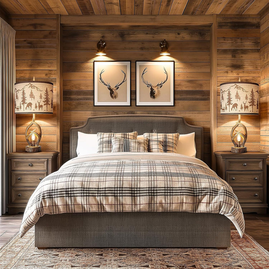 Scenekoy Antlers Style Table Lamp Set of 2 Rustic Bedside Lamp with Night Light Linen Fabric Shade Farmhouse Nightstand Lamps Decor for Living Room Bedroom House Home Office (Bulb Included)