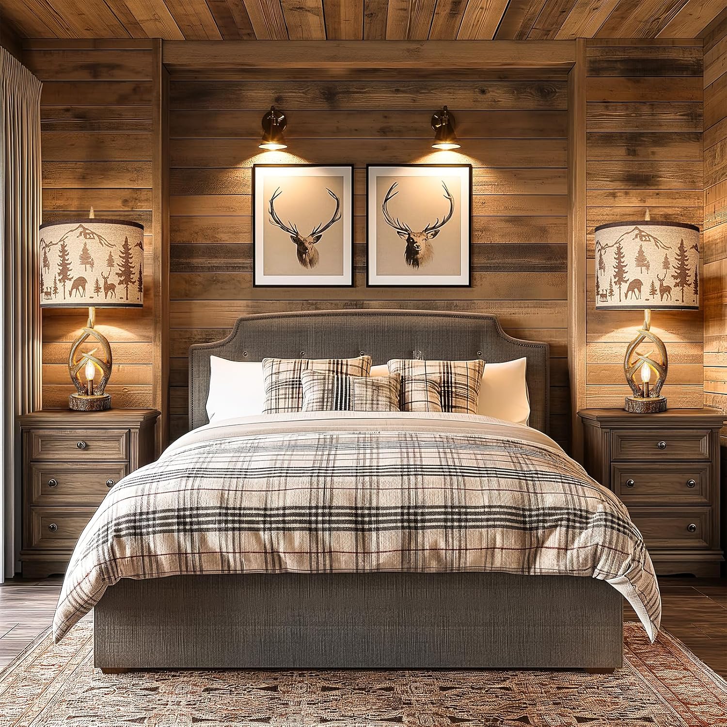 Scenekoy Antlers Style Table Lamp Set of 2 Rustic Bedside Lamp with Night Light Linen Fabric Shade Farmhouse Nightstand Lamps Decor for Living Room Bedroom House Home Office (Bulb Included)