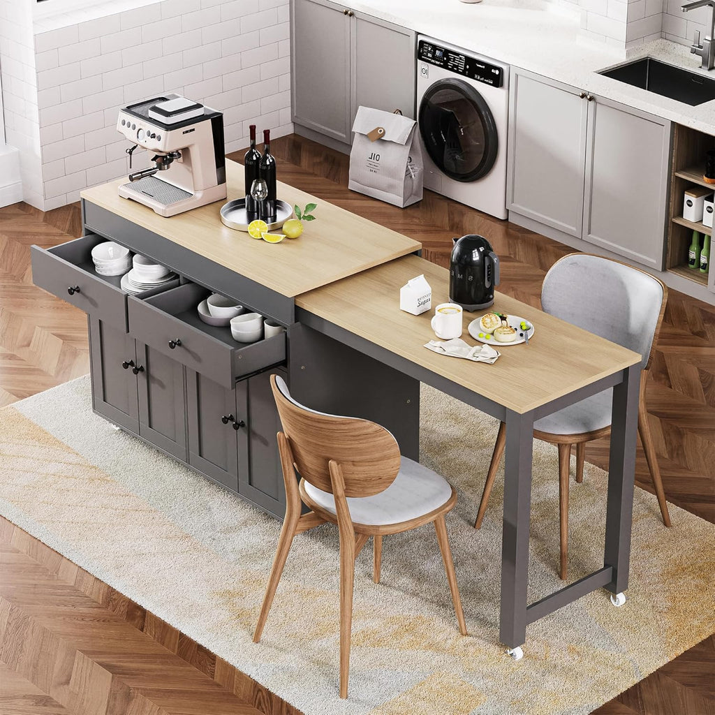 RUNNA 74.5 inch Modern Grey Kitchen Island with Extendable Dining Table, Rolling Storage Cart with 4 Door Cabinet, Spice Rack, 2 Drawers, for Kitchen, Dining Room