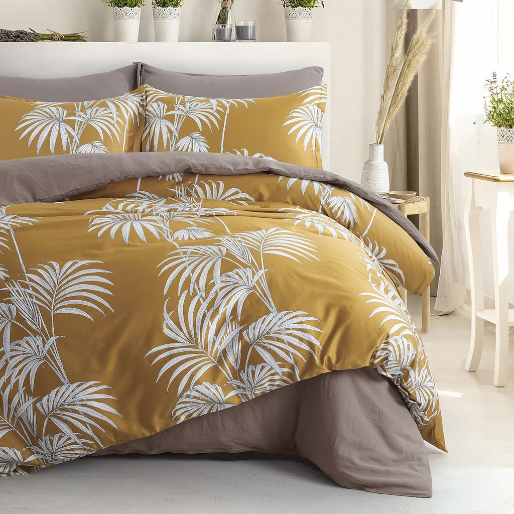 Eikei Midnight Blue Botanical Print Duvet Quilt Cover Egyptian Cotton Bedding Set Modern Luxury Minimal Palm Leaf Dark Charcoal Navy Ocher Floral Watercolor Design (Mustard Yellow, King)