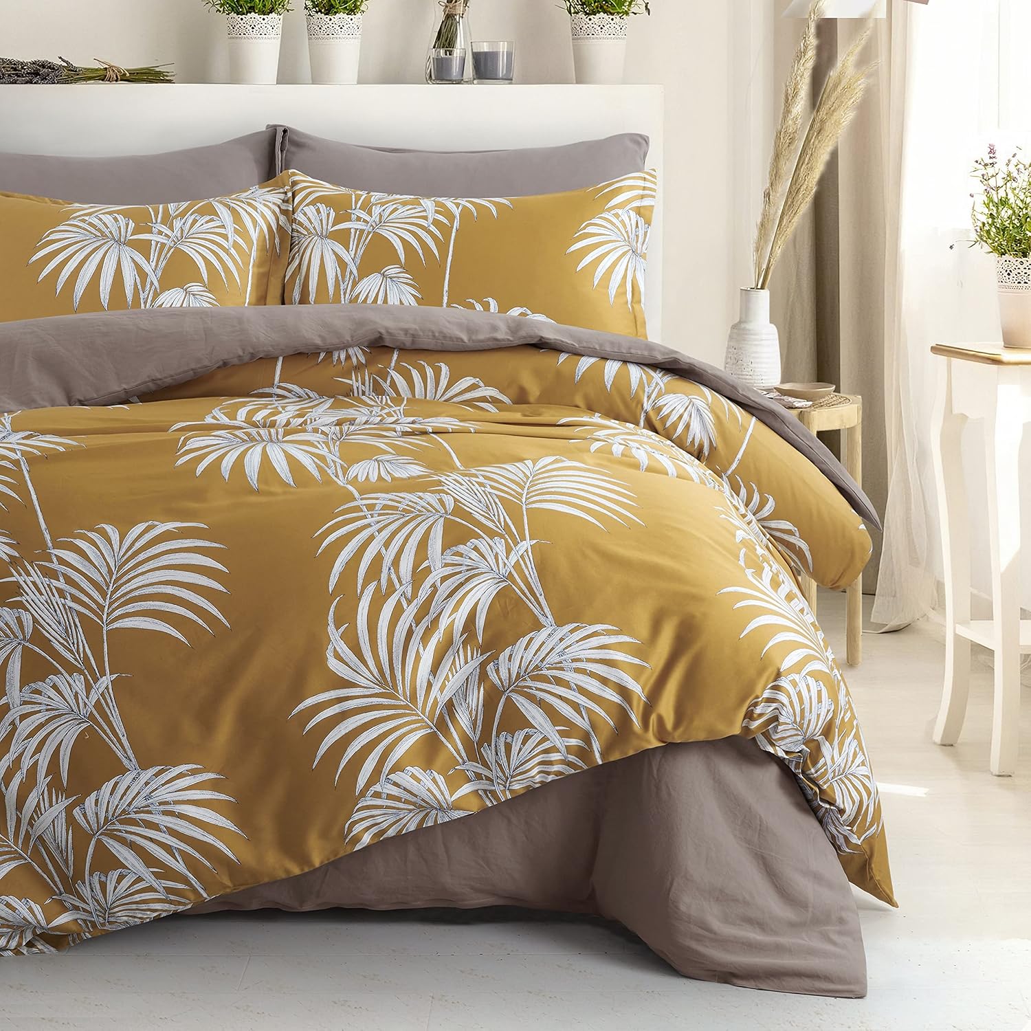 Eikei Midnight Blue Botanical Print Duvet Quilt Cover Egyptian Cotton Bedding Set Modern Luxury Minimal Palm Leaf Dark Charcoal Navy Ocher Floral Watercolor Design (Mustard Yellow, King)