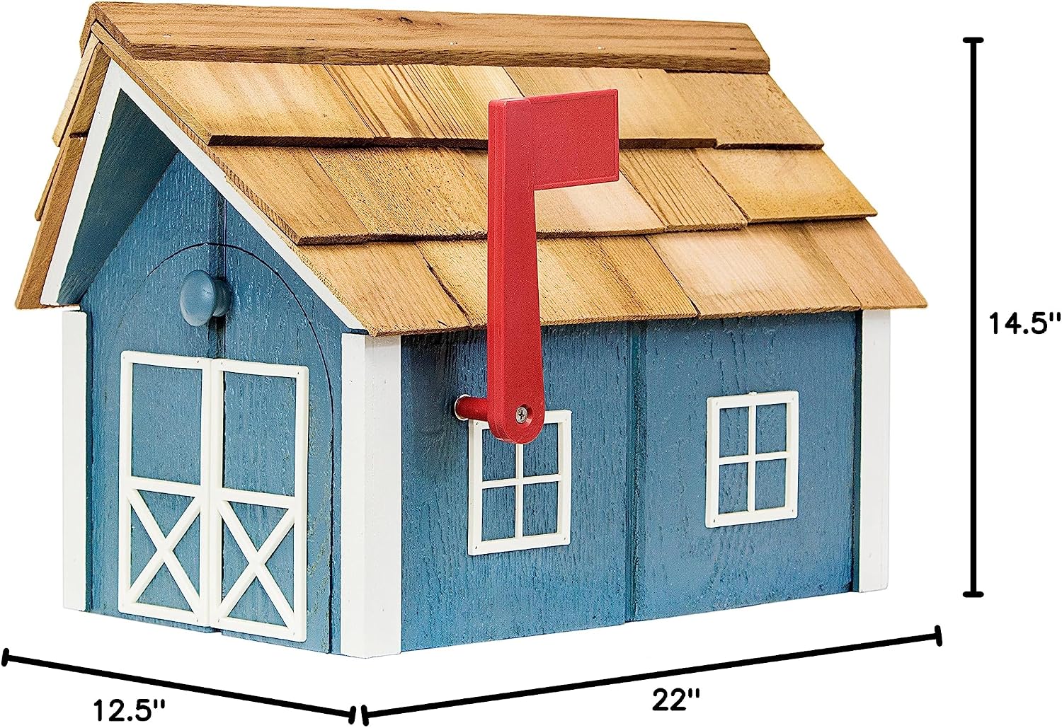 Amish-Made Deluxe Post Mount Wooden Mailbox with Cedar Shingles (Wedgewood Blue with White Trim)