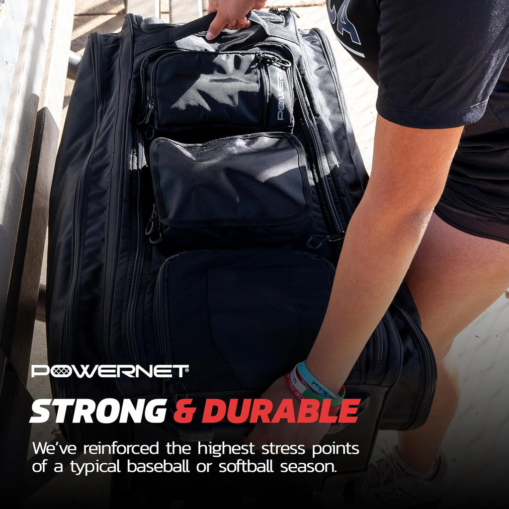 PowerNet Optimus Catcher's Bag, Rolling Equipment Bag Holds All Baseball & Softball Gear, 7 Internal Bat Sleeves, Cleat Compartment, Personalization Panel & Hooks