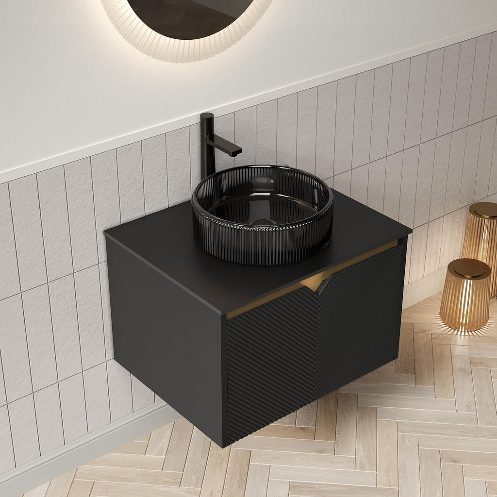 24 Inch Bathroom Vanity with Sink, Floating Fluted Vanity with Vessel Sink, Small Wall Mounted Bathroom Vanity Cabinet with 2 Doors, Glass Sink & Sintered Stone Top, Black