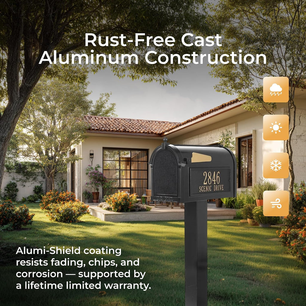 Whitehall Products Premium Capitol Mailbox Package with Personalized Side Plaques | Standard Post Fashion and Function with a Classic Design. Black