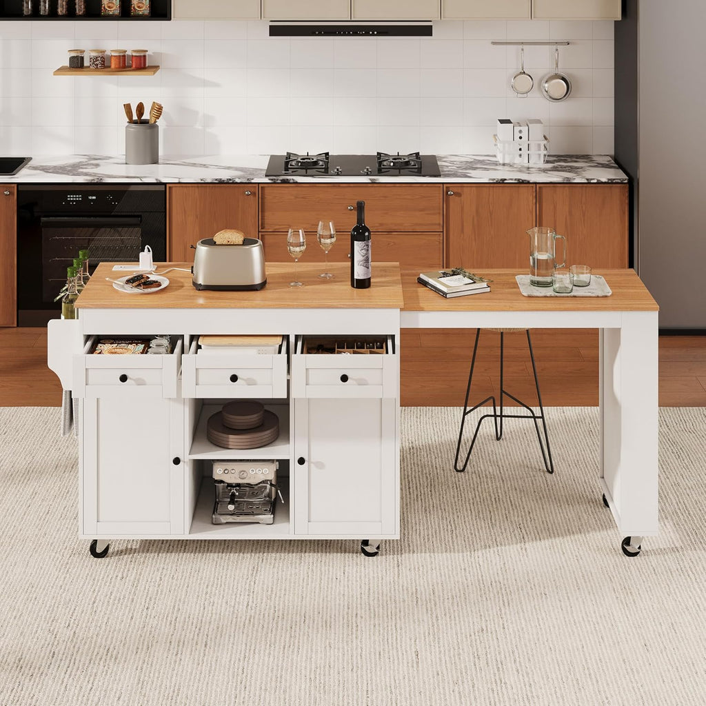 85.5' Kitchen Island with Extendable Dining Table, Kitchen Storage Table with 3 Side Open Shelves, Rolling Kitchen Island with Power Outlet, 3 Drawers, 2 Doors, for Kitchen, Dining Room (White#78)