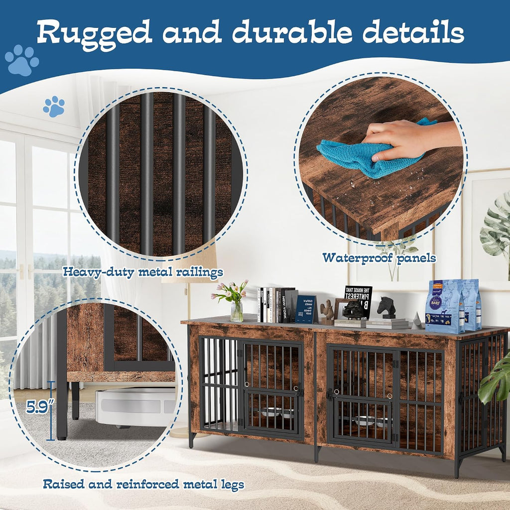 Grepatio 79' Double Dog Crate Furniture, Large Dog Kennel for 2 Dogs, Indoor Wooden Crate with Rotating Feeder Bowls and 4 Doors, Heavy Duty Dog House TV Stand with Removable Divider