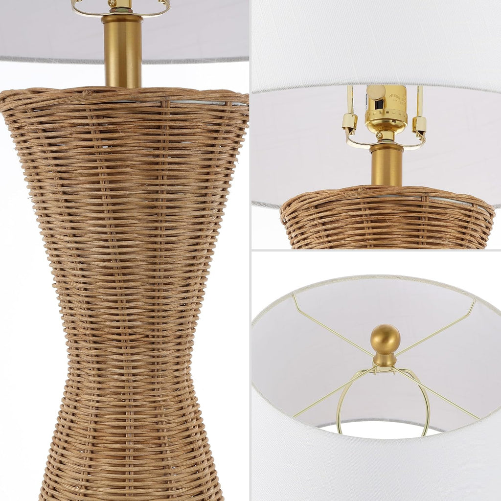JONATHAN Y 27' Natural Woven Rattan Hourglass Table Lamp Coastal Geometric Wicker Bedside Lamp for Living Room Bedroom with White Fabric Shade Set of 2 LED Bulbs Included JYL4048A-SET2