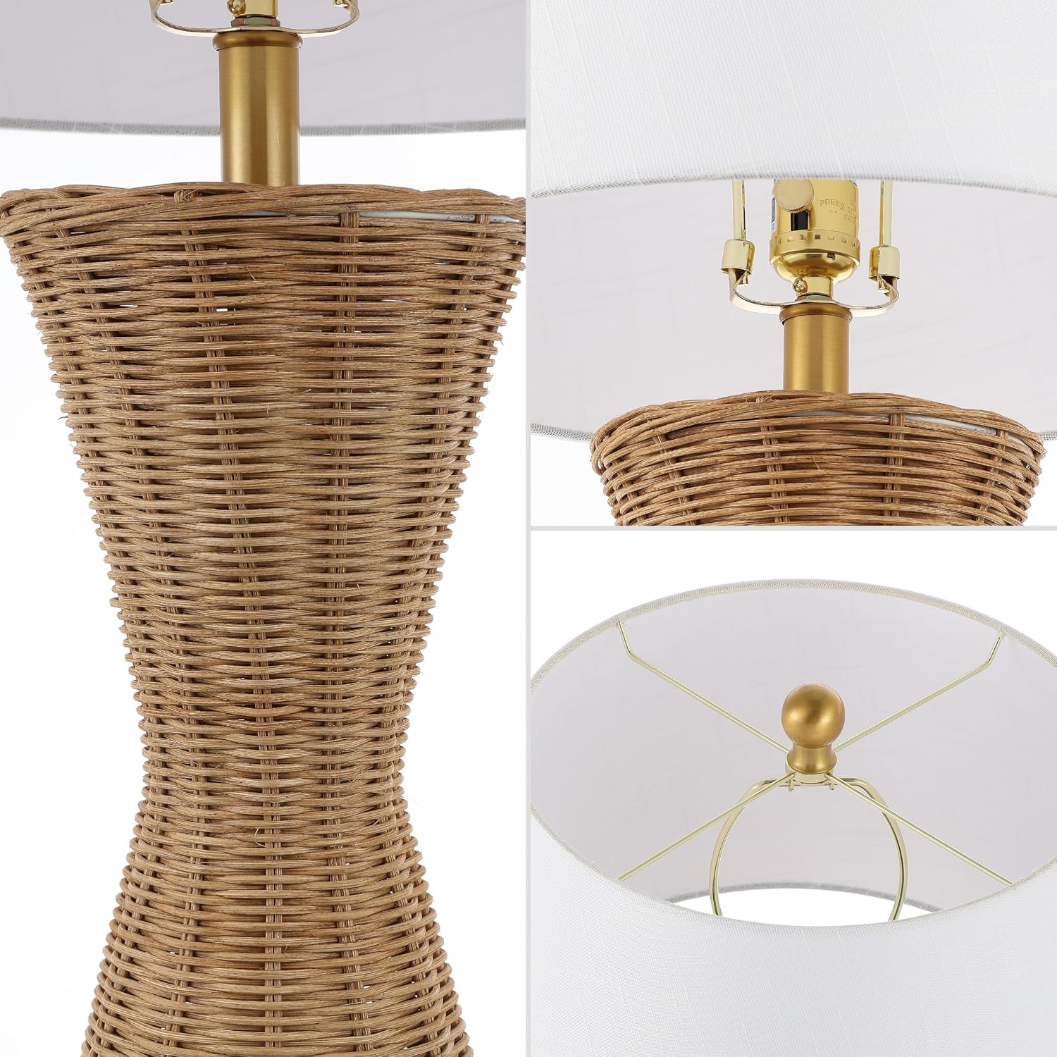 JONATHAN Y 27' Natural Woven Rattan Hourglass Table Lamp Coastal Geometric Wicker Bedside Lamp for Living Room Bedroom with White Fabric Shade Set of 2 LED Bulbs Included JYL4048A-SET2