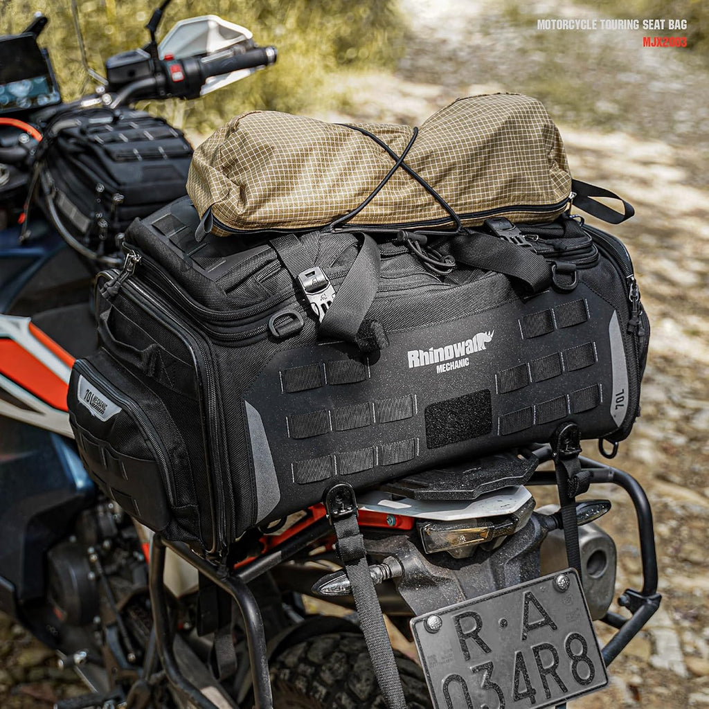 Rhinowalk Motorcycle Tail Bag - Expandable 50-70L Travel Luggage, Sport Saddle Bag, Waterproof Helmet Bag with Rain Cover, Backpack & Molle System-Black
