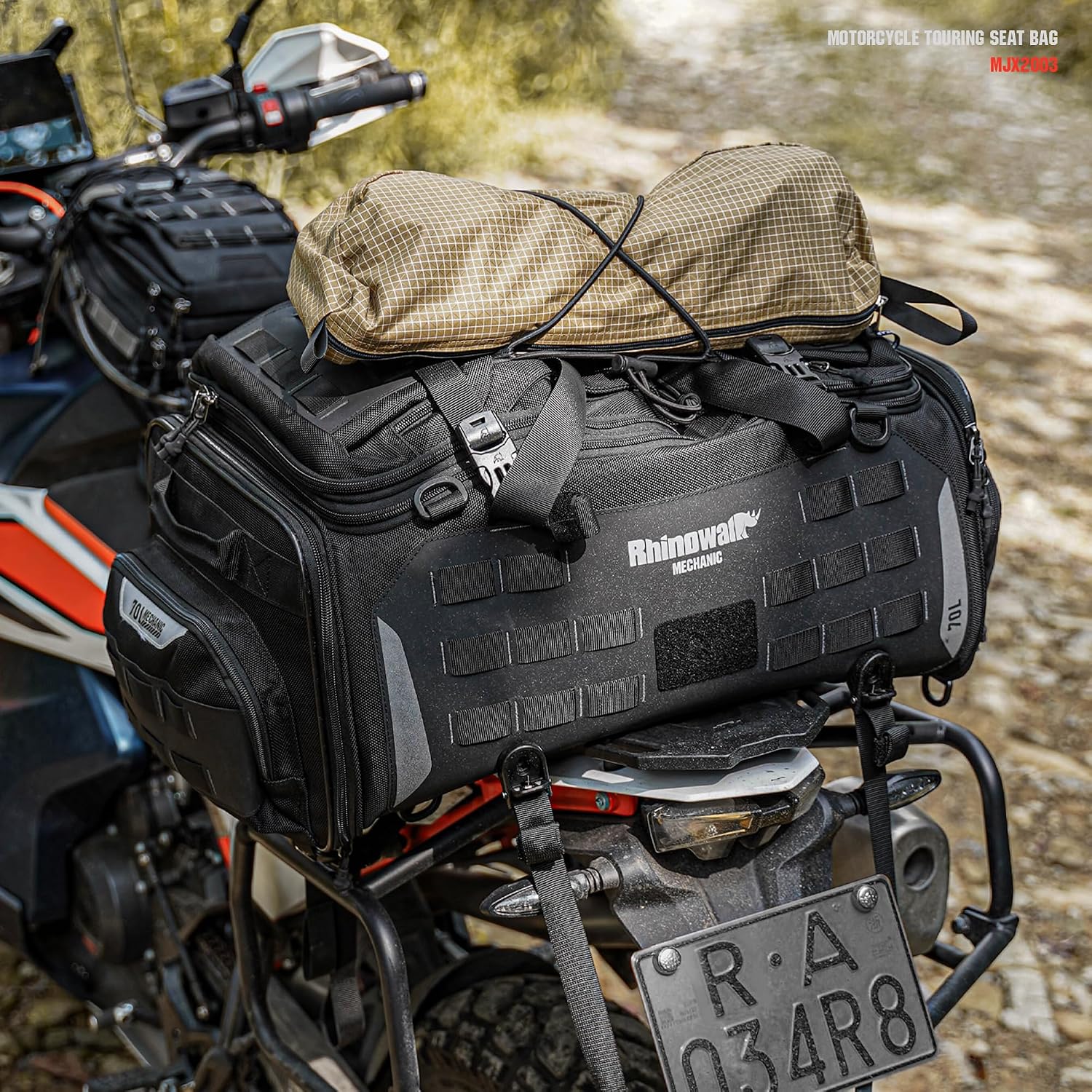 Rhinowalk Motorcycle Tail Bag - Expandable 50-70L Travel Luggage, Sport Saddle Bag, Waterproof Helmet Bag with Rain Cover, Backpack & Molle System-Black