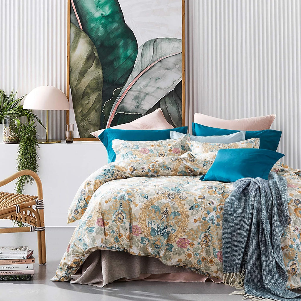 Eikei Damask Medallion Duvet Cover, Luxury Paisley Print Bedding Set, 400 Thread Count Egyptian Cotton (Majorca, King)