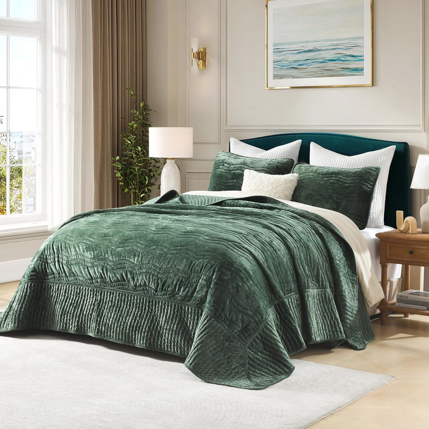 Velvet Oversized King Quilt Set, California King Comforter Set Emerald Green Bedding Set (118'*118') with 2 Pillow Shams, Luxurious Quilt Set,All-Season 3 Pieces