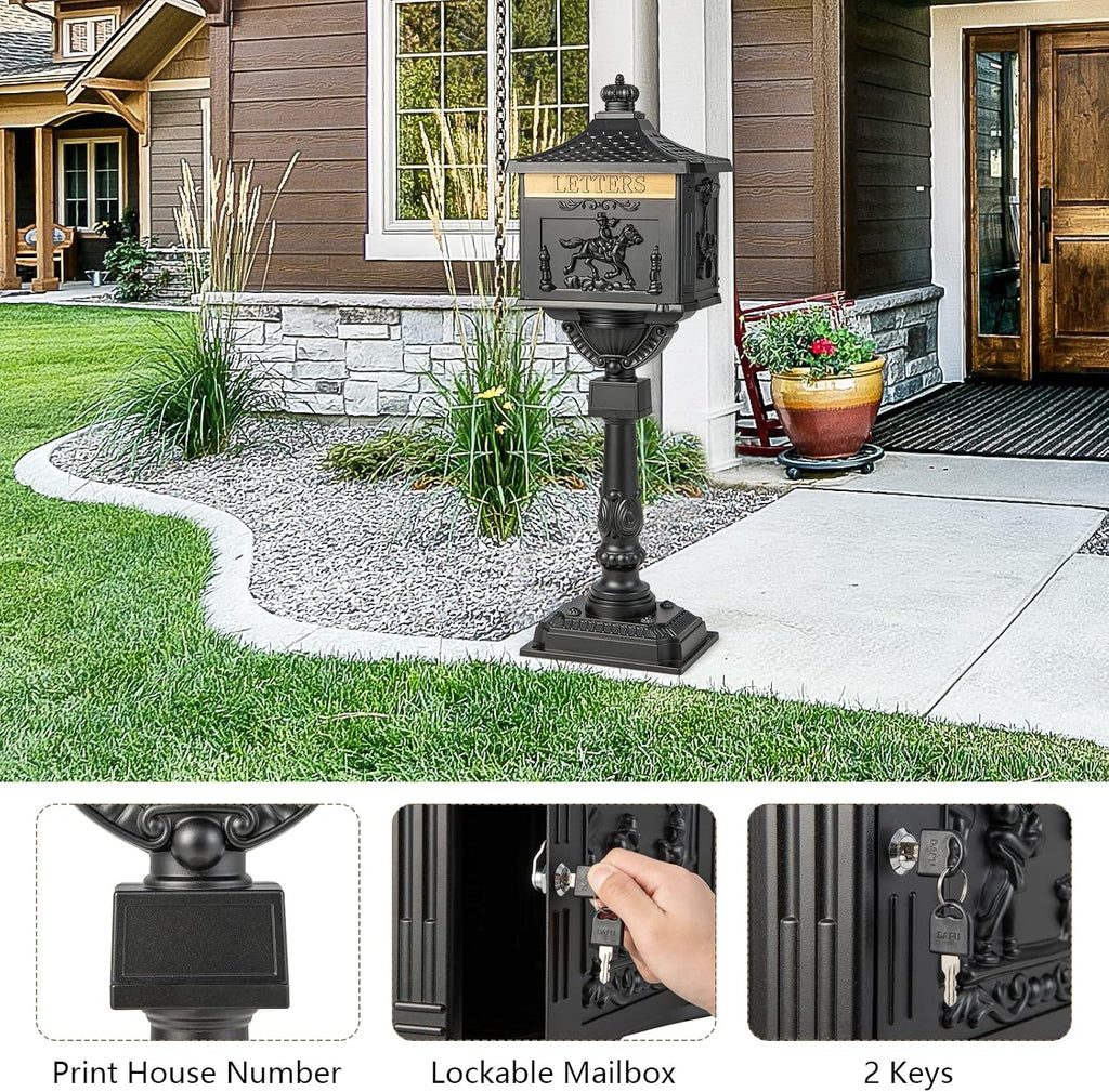 IRONMAX Mailbox for Outside, Locking Cast Aluminum Rural Security Postal Box with Keys, Heavy Duty Water-Resistant Mailbox with Post for Residential House, Black
