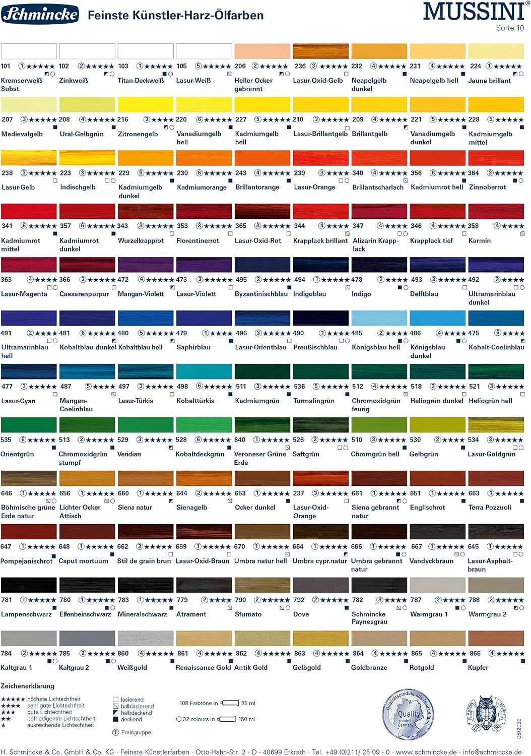 Schmincke - MUSSINI® finest resin oil colors Premium box oil painting, 36 x 35 ml set, 70 151 097, painting knife, drawing charcoal, 3 daVinci brushes
