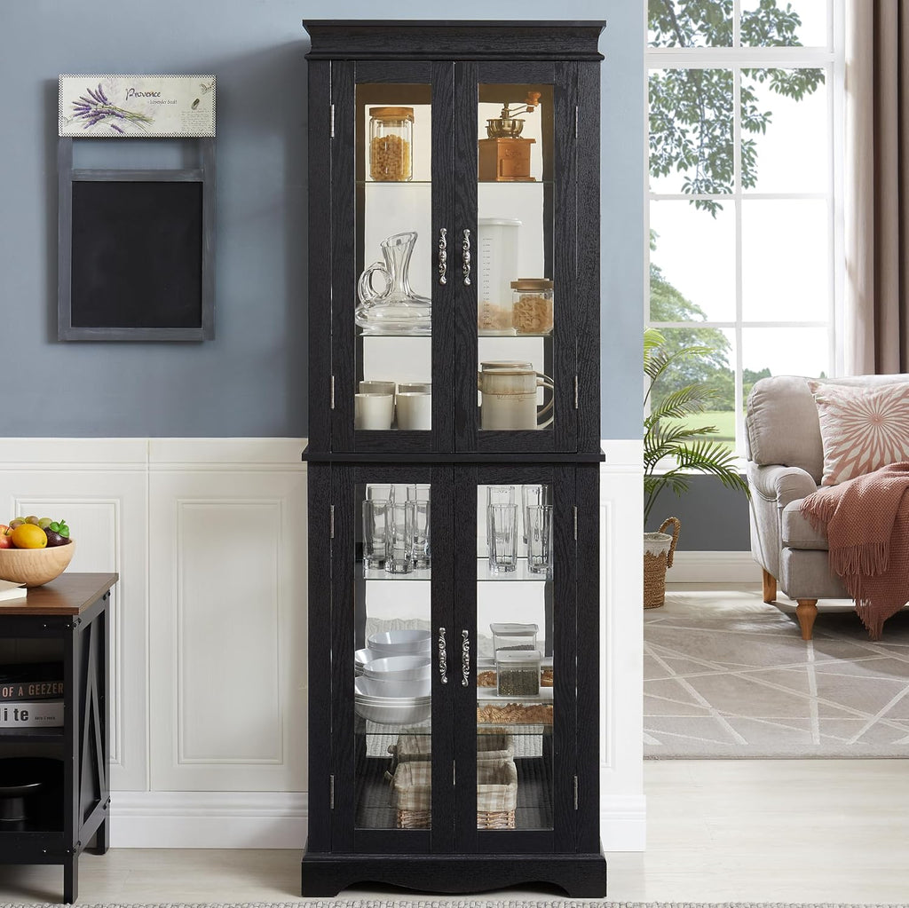 70'H Lighted Wooden Curio Cabinet, Freestanding Glass Display Case with Tempered Glass Door,Adjustable Shelves and Mirrored Back Panel, Decorative Storage Cabinet for Living Room,Office (Black)