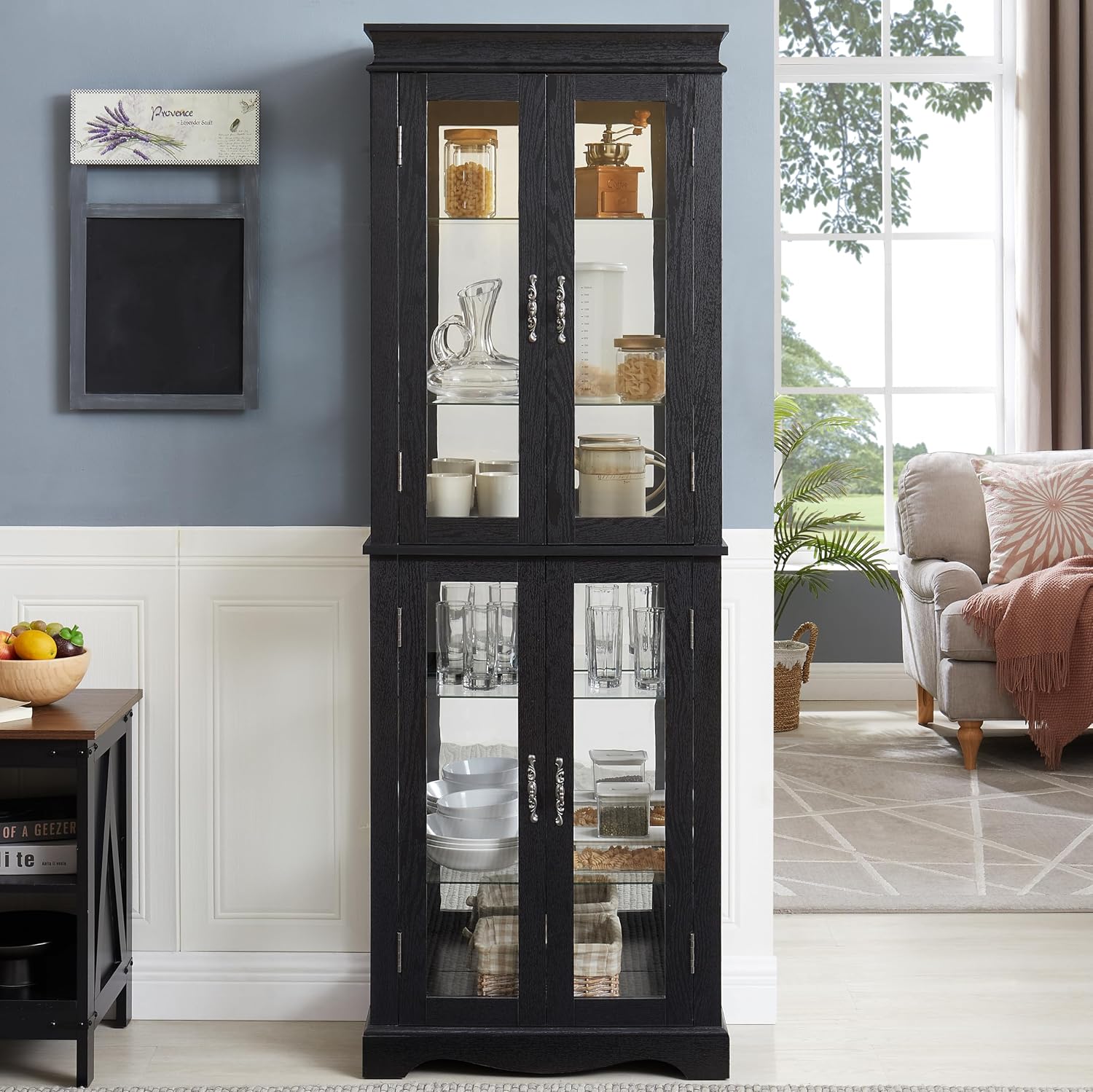 70'H Lighted Wooden Curio Cabinet, Freestanding Glass Display Case with Tempered Glass Door,Adjustable Shelves and Mirrored Back Panel, Decorative Storage Cabinet for Living Room,Office (Black)