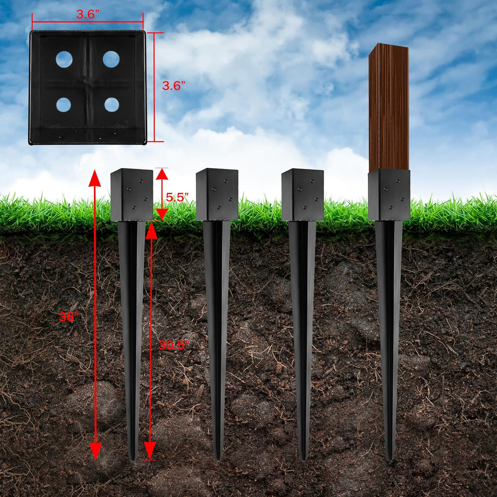 LADECH 4x4 Fence Post Anchor Ground Spike 36' Length Metal Black Powder Coated – Mailbox Post Anchors – Fit 3.5x3.5 Lumber (8, Black)