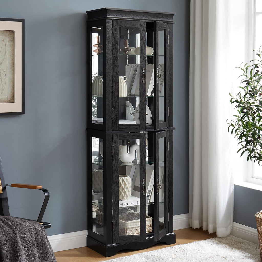 70'H Lighted Wooden Curio Cabinet, Freestanding Glass Display Case with Tempered Glass Door,Adjustable Shelves and Mirrored Back Panel, Decorative Storage Cabinet for Living Room,Office (Black)