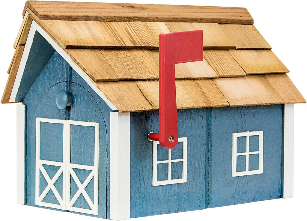Amish-Made Deluxe Post Mount Wooden Mailbox with Cedar Shingles (Wedgewood Blue with White Trim)