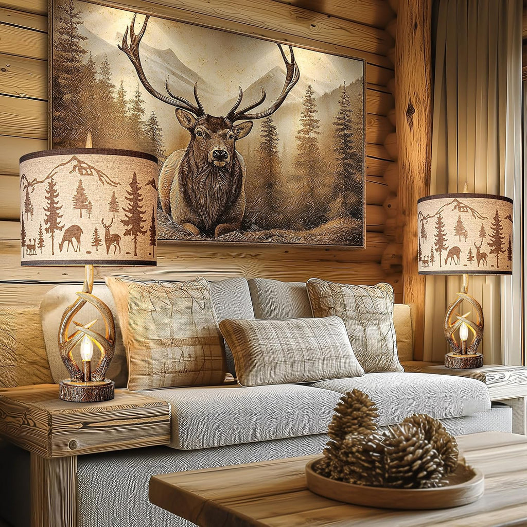 Scenekoy Antlers Style Table Lamp Set of 2 Rustic Bedside Lamp with Night Light Linen Fabric Shade Farmhouse Nightstand Lamps Decor for Living Room Bedroom House Home Office (Bulb Included)