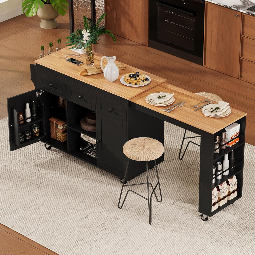 85.5' Kitchen Island with Extendable Dining Table, Kitchen Storage Table with 3 Side Open Shelves, Rolling Kitchen Island with Power Outlet, 3 Drawers, 2 Doors, for Kitchen, Dining Room (Black#78)
