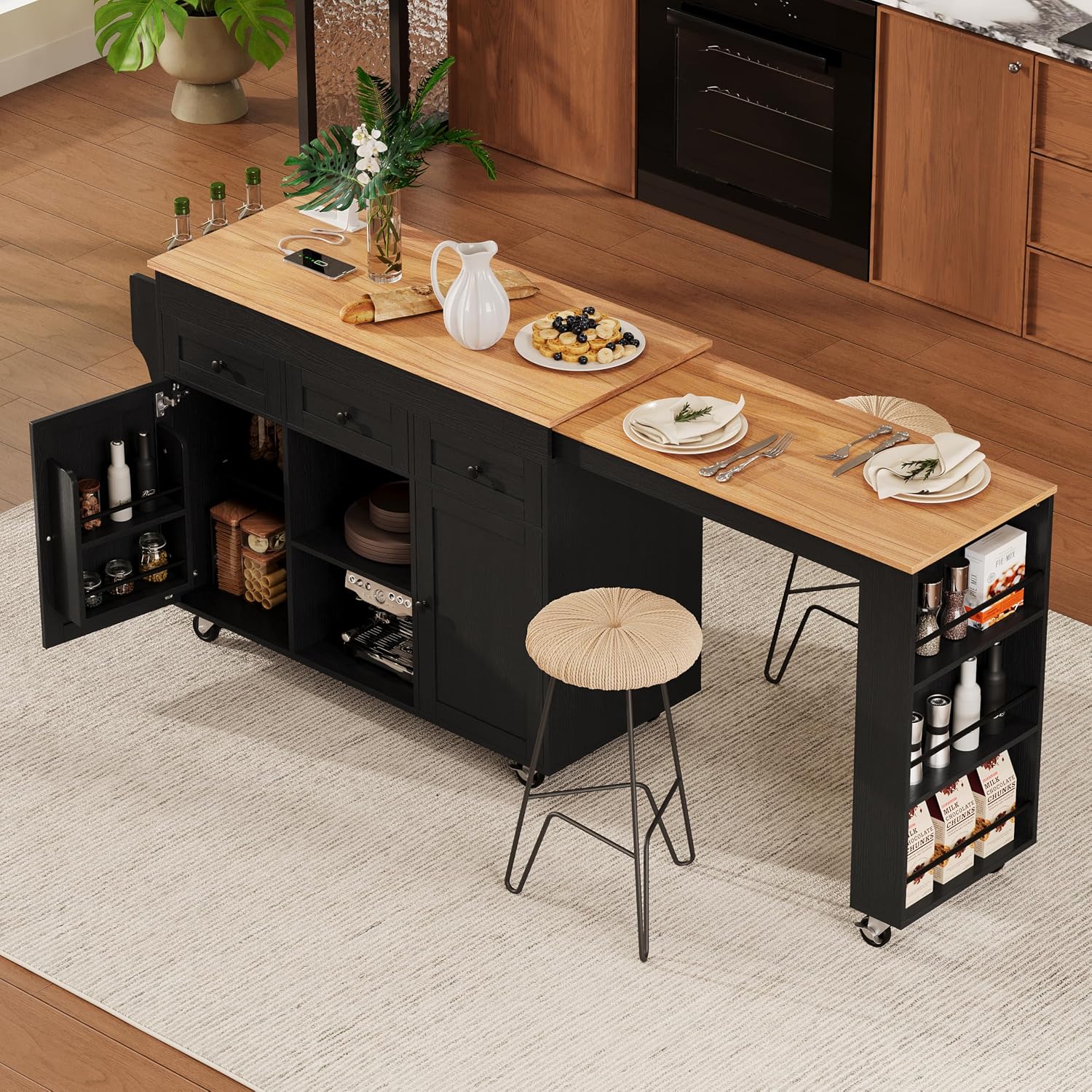 85.5' Kitchen Island with Extendable Dining Table, Kitchen Storage Table with 3 Side Open Shelves, Rolling Kitchen Island with Power Outlet, 3 Drawers, 2 Doors, for Kitchen, Dining Room (Black#78)