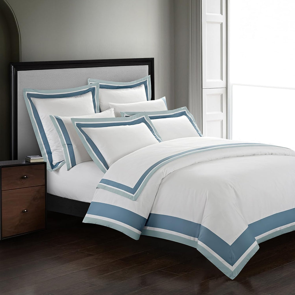 Casabolaj Shading 3 Pieces Do Not Include Filling Duvet Cover Set 100% Egyptian Cotton Sateen Luxury 400TC Frame Patchwork Button Closure and Corner Ties White/Blue/Sapphire (Queen)