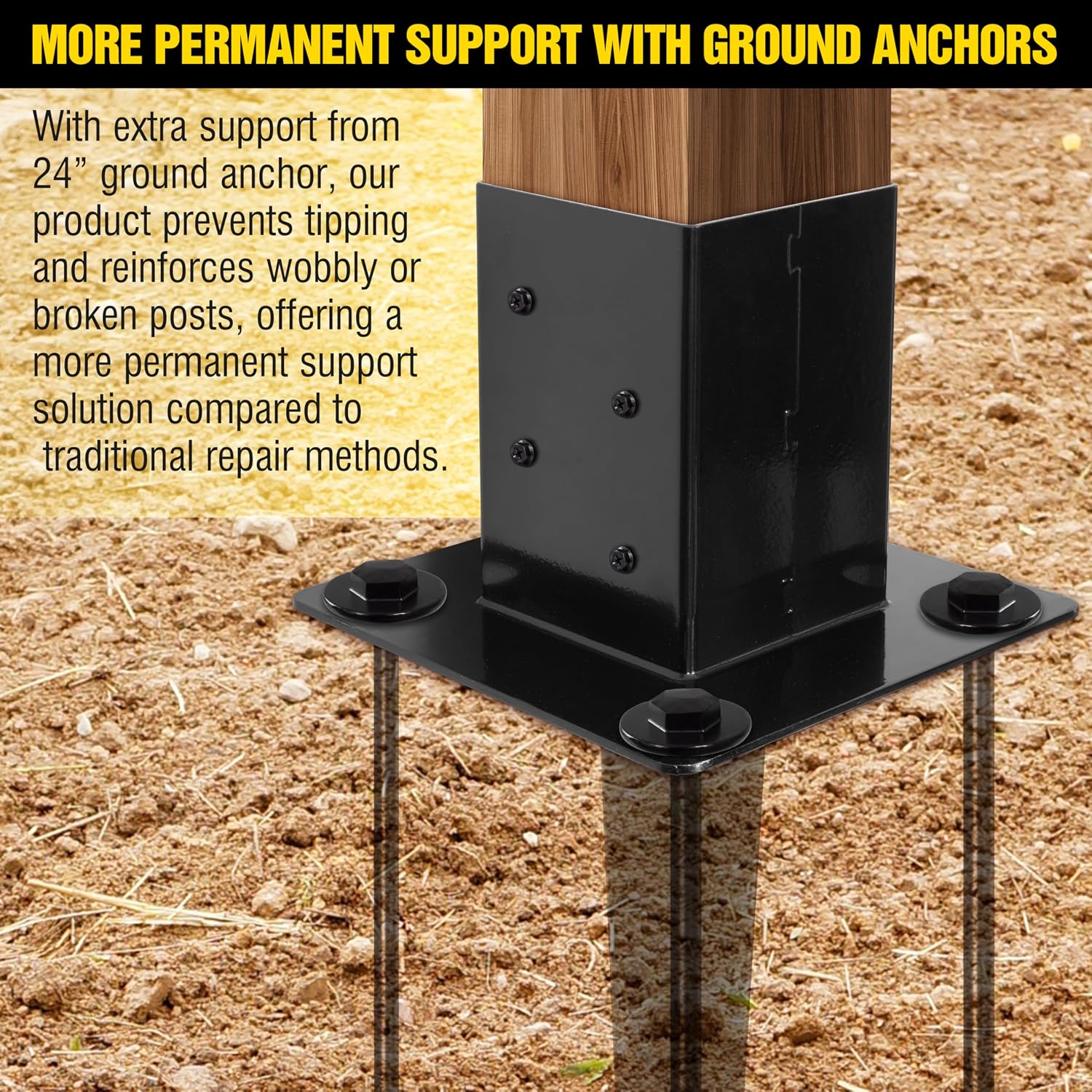 LADECH Set of 4 4x4 Fence Post Anchor Ground Spike 24' Length with Ground Anchors Screw in - Metal Black Powder Coated – Mailbox Post Anchors – Fit 3.5x3.5 Square