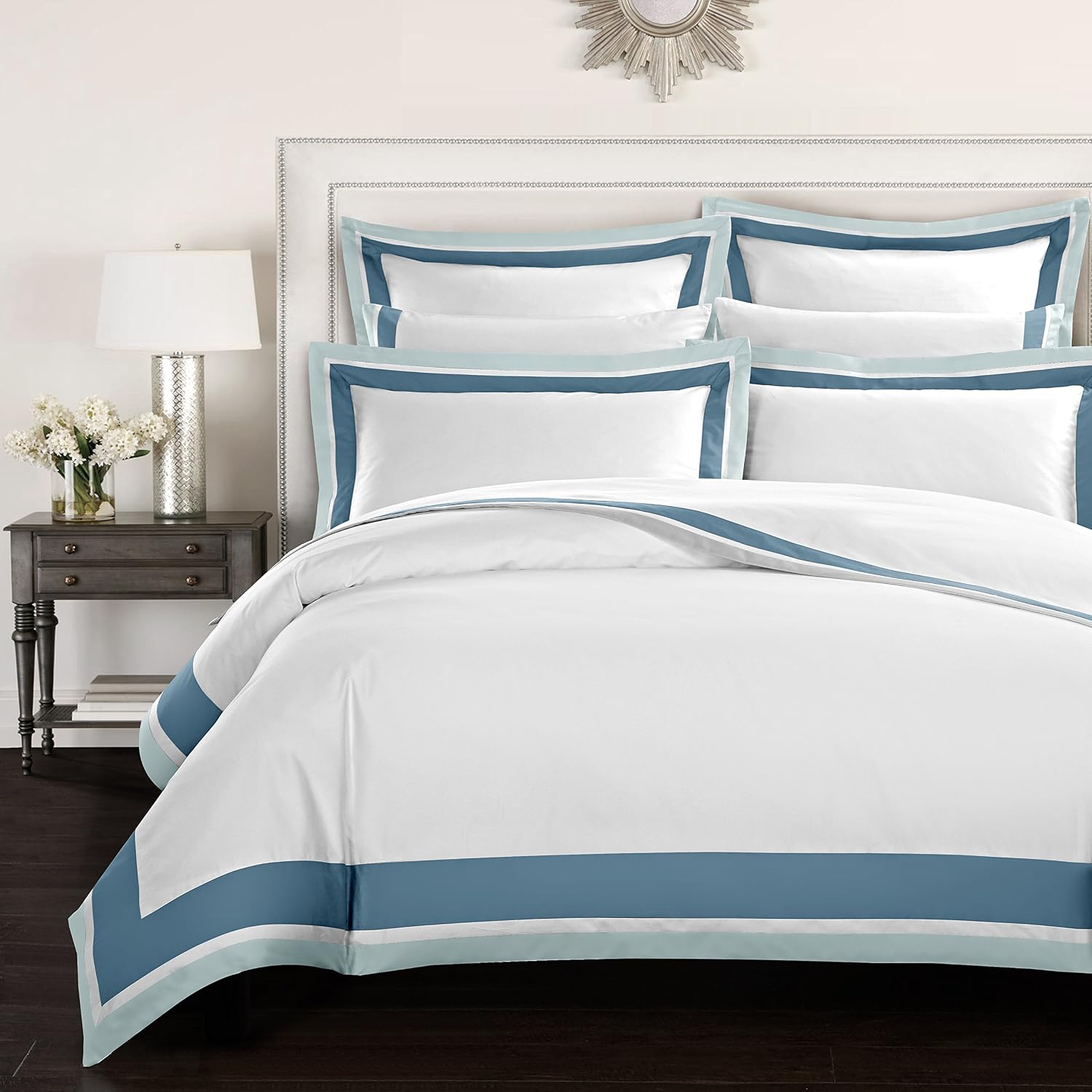 Casabolaj Shading 3 Pieces Do Not Include Filling Duvet Cover Set 100% Egyptian Cotton Sateen Luxury 400 TC Frame Patchwork Button Closure and Corner Ties-White/Blue/Sapphire (King)