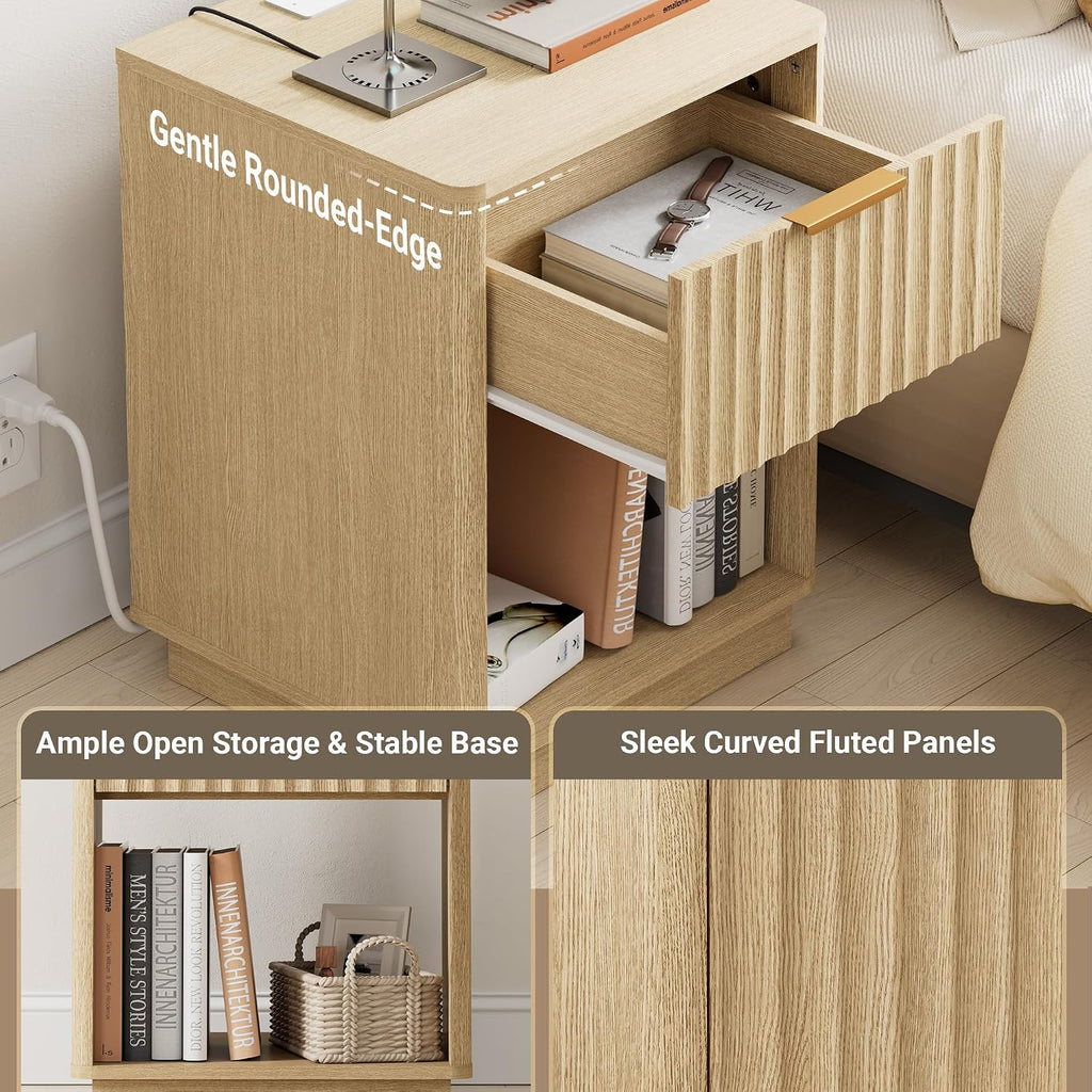 Fluted Nightstand, Night Stand Set 2, 23' Wide Nightstands Set of 2 with Charging Station, Large Wooden End Table with Drawer, Modern Bedside Table for Bedroom, Curved Corners, Natural Oak