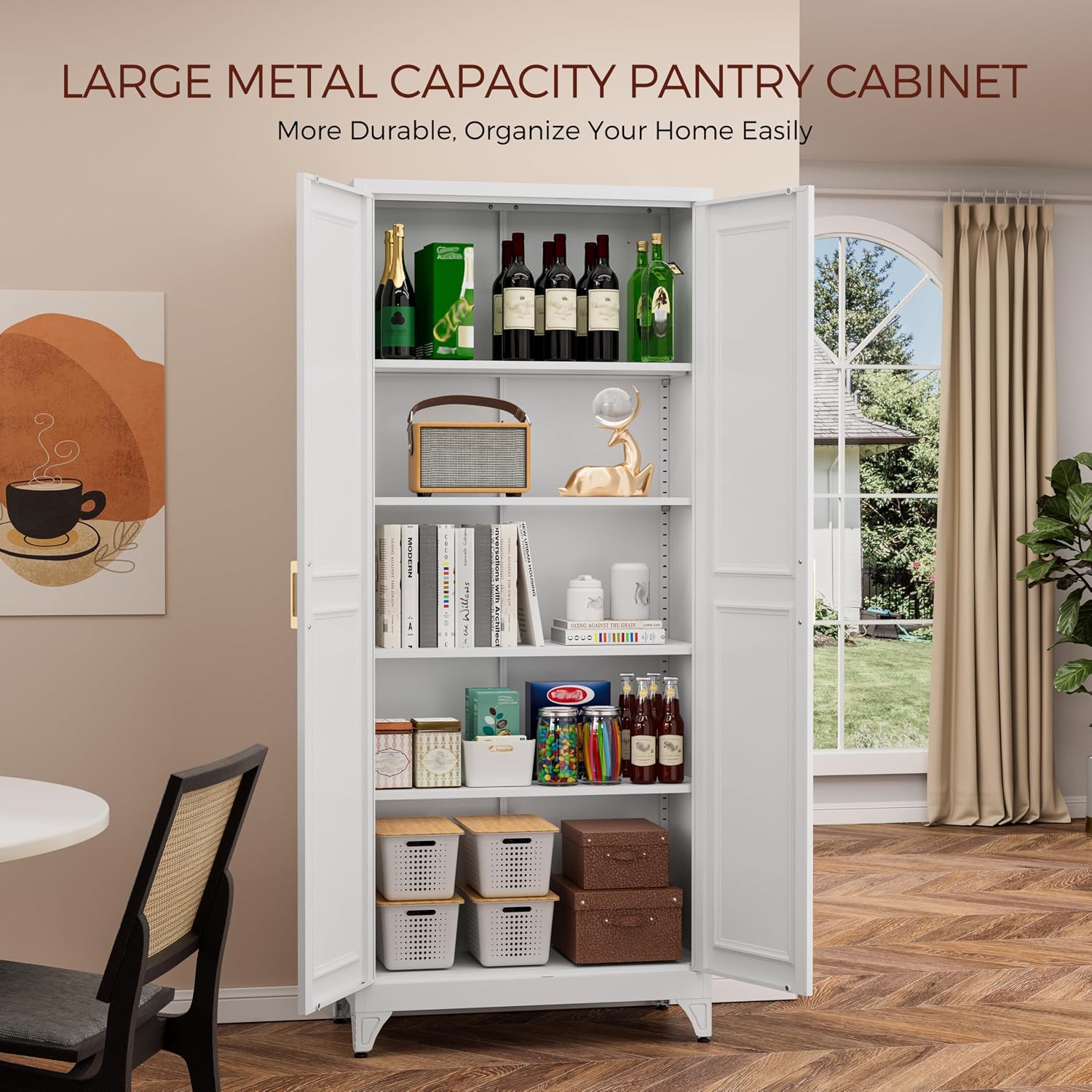 75' Kitchen Pantry Cabinet, White Metal Storage Cabinets with 2 Doors and 4 Adjustable Shelves, Tall Pantry Storage Cabinet for Kitchen, Dining Room, Living Room