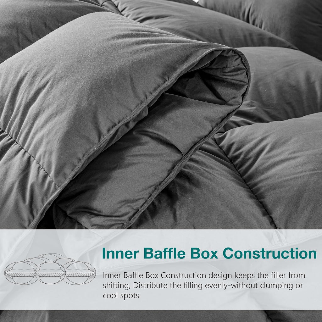 KAKABELL Pinch Pleat Goose Down Feathers Fiber Comforter Full/Queen Size All Season-Ultra Soft and Cozy Noiseless Duvet Insert with Egyptian Cotton Blend Cover,Fluffy Warm Comforter (Grey,90'X90')