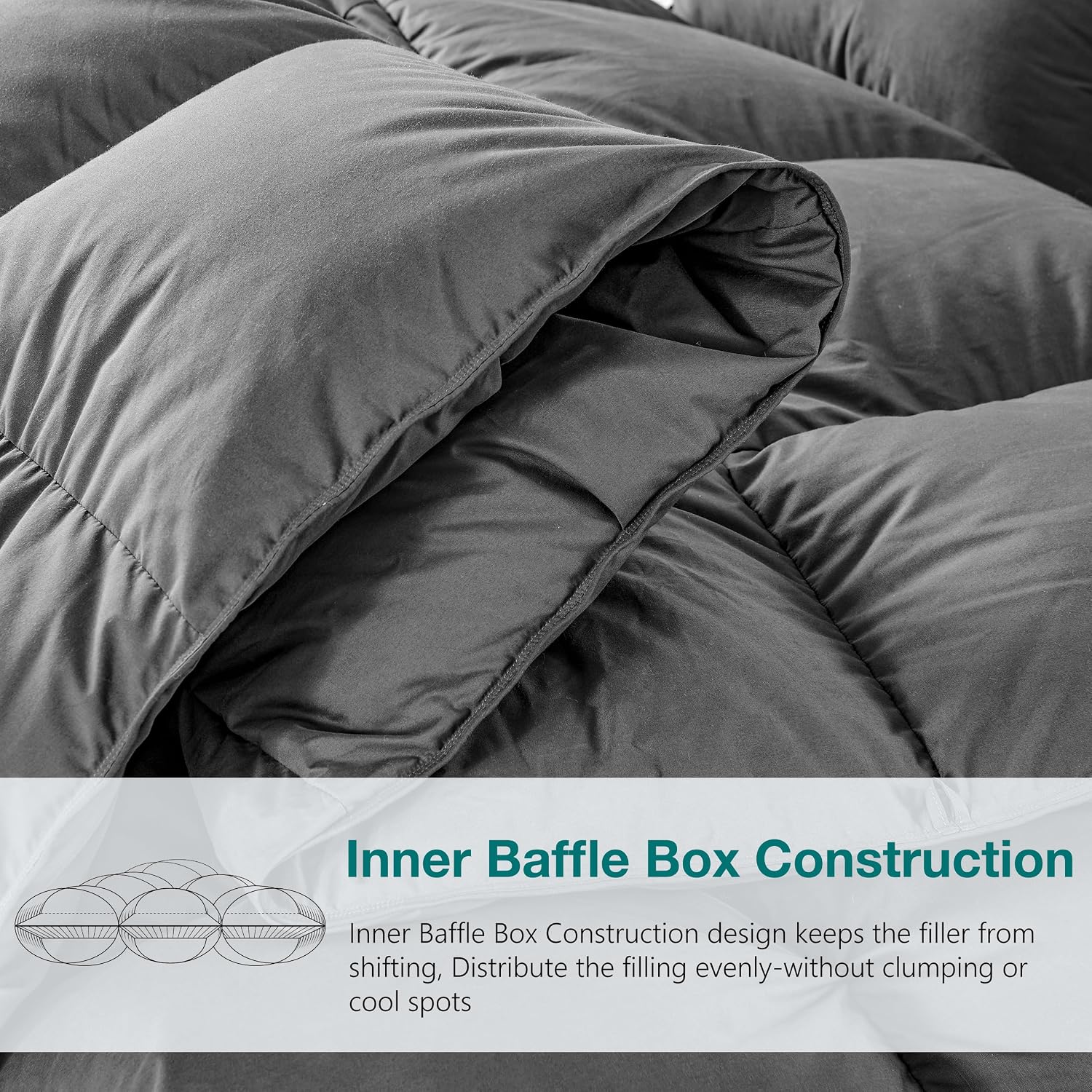 KAKABELL Pinch Pleat Goose Down Feathers Fiber Comforter Full/Queen Size All Season-Ultra Soft and Cozy Noiseless Duvet Insert with Egyptian Cotton Blend Cover,Fluffy Warm Comforter (Grey,90'X90')