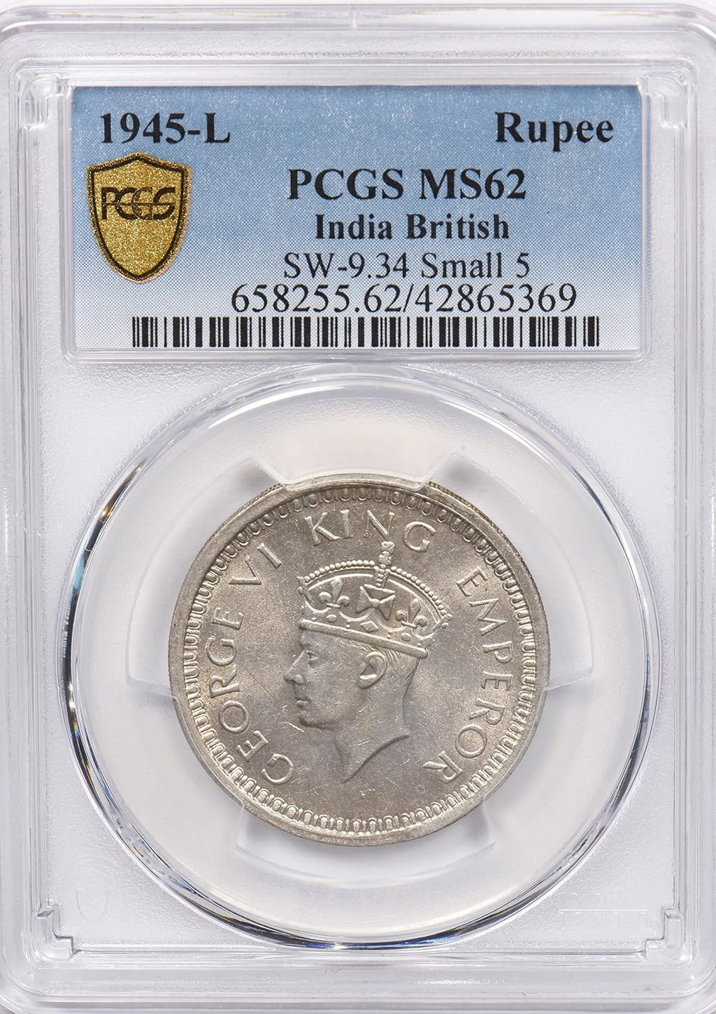 Collectible Coin British India 1945 L Rupee PCGS MS 62 rare condition SW-9.34 Small 5 PC1248