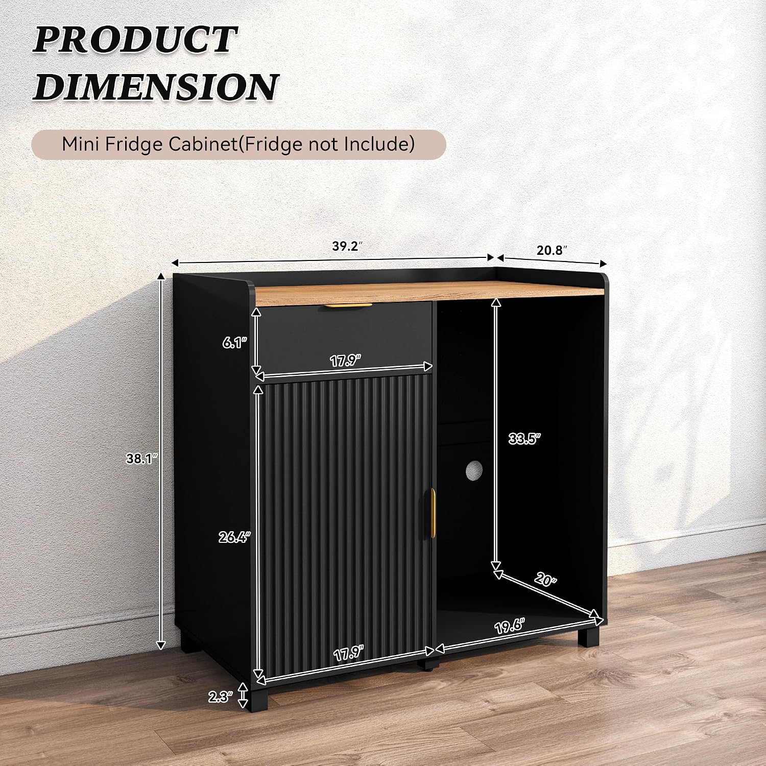 Bar Cabinet with Fridge Space&Fluted Door, Mini Fridge Cabinet with Wine Storage, Modern Sideboard Buffet Cabinet Coffee Station for Dining Room, Living Room, Kitchen, Black