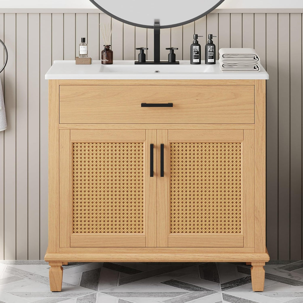 36' Rattan Bathroom Vanity with Sink, Bathroom Vanities with Soft Close Doors & Drawers, Freestanding Bathroom Sink Cabinet with Solid Wood Legs & Large Space Storage, Modern Vanity, Natural