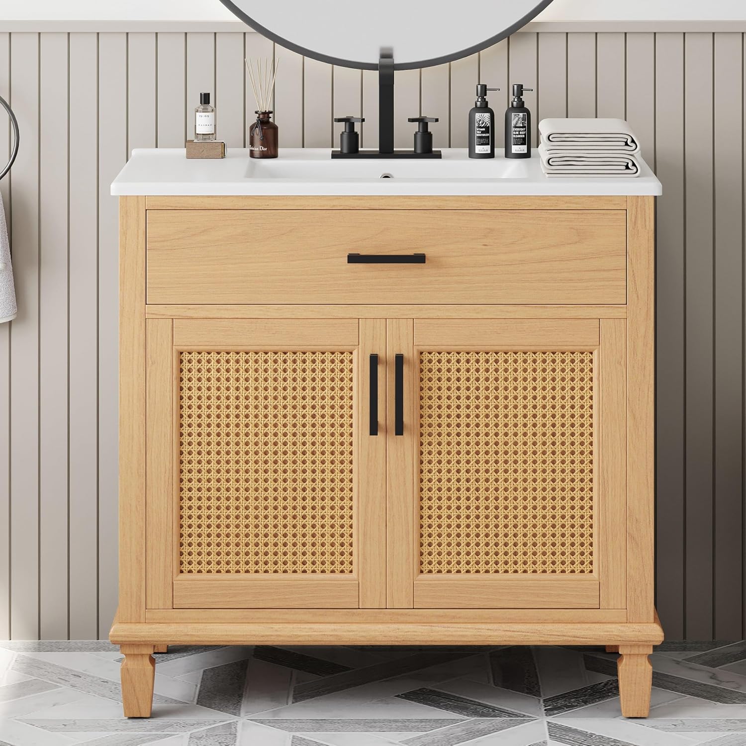 36' Rattan Bathroom Vanity with Sink, Bathroom Vanities with Soft Close Doors & Drawers, Freestanding Bathroom Sink Cabinet with Solid Wood Legs & Large Space Storage, Modern Vanity, Natural