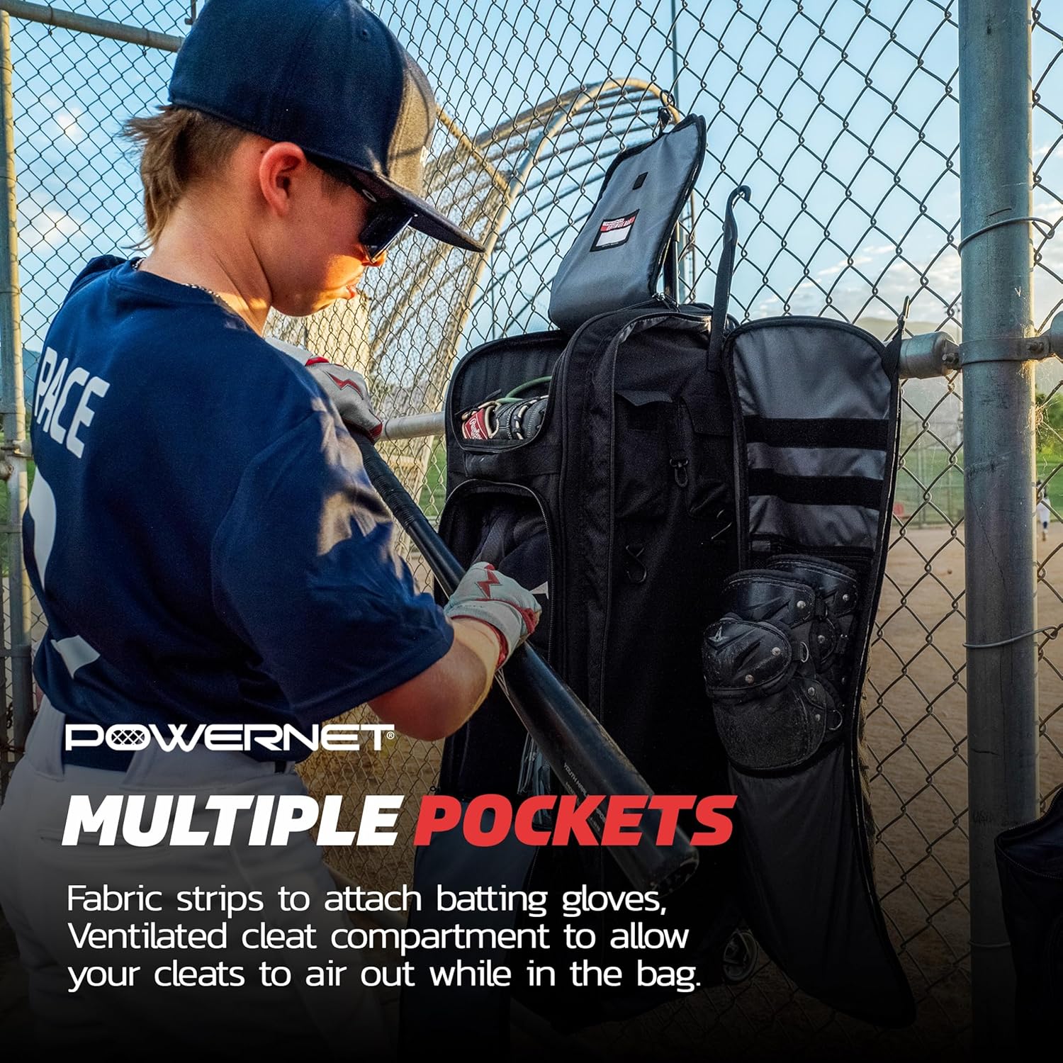 PowerNet Optimus Catcher's Bag, Rolling Equipment Bag Holds All Baseball & Softball Gear, 7 Internal Bat Sleeves, Cleat Compartment, Personalization Panel & Hooks